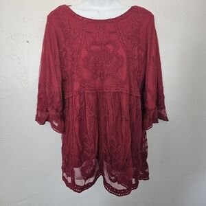 Antoinette Women's Small Burgundy Red Quarter Sleeve Blouse Lace Lined Boho Top